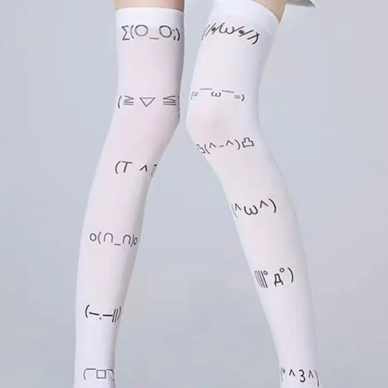 White Kawaii Expression Graffiti Letter Print Long Socks Harajuku Over Knee Thigh High Stockings Y2K Cosplay Cute Socks Kawaii