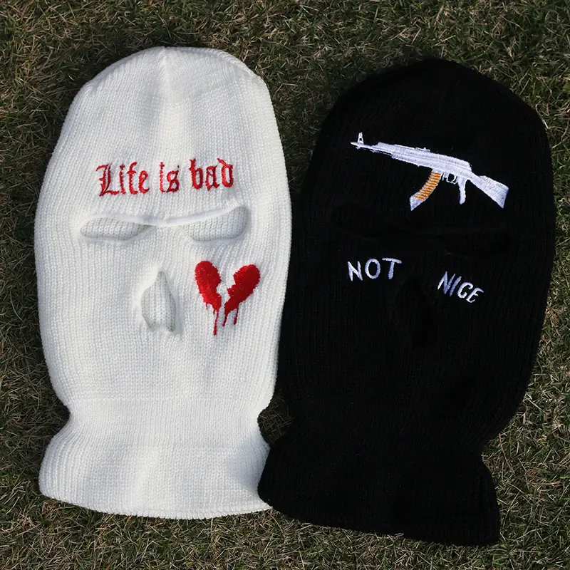 NOT NICE 3 Holes AK 47 Red Heart Winter Warm Unisex Balaclava Mask Hat Full Face Mask Black Knitted Ski Snowboard Hat Cap Beanie