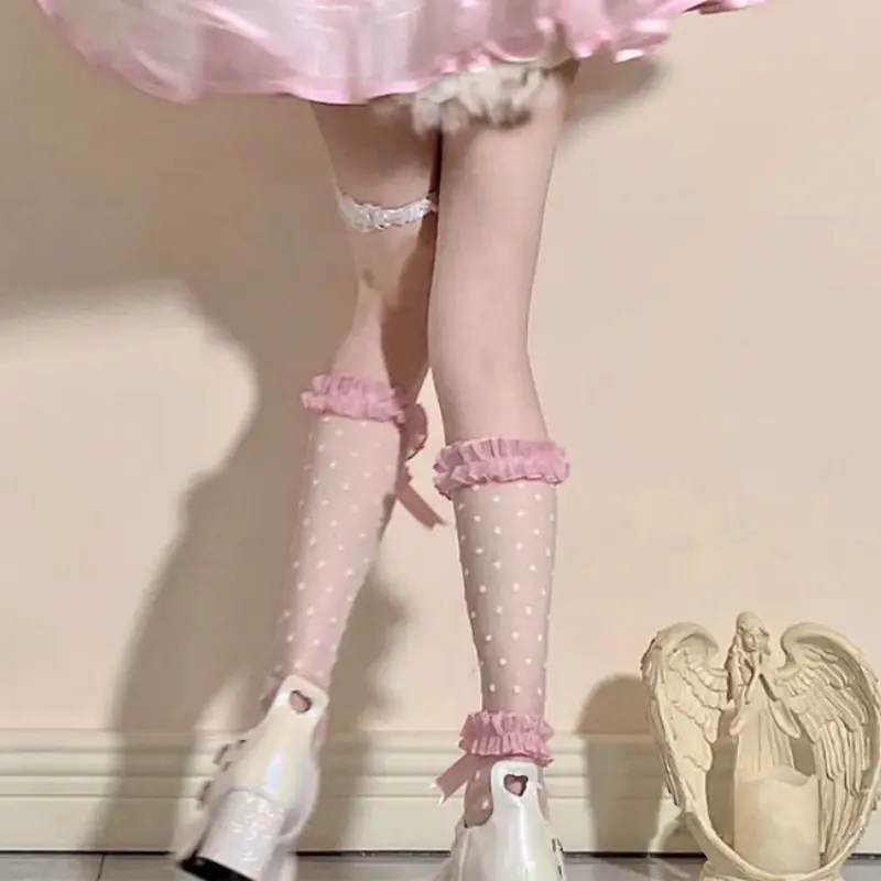 Kawaii Lolita Lace Black and White Fishnet Socks Female Japanese Pink Bow Personality Dot Print Knee-length Socks Cute Sexy 2022