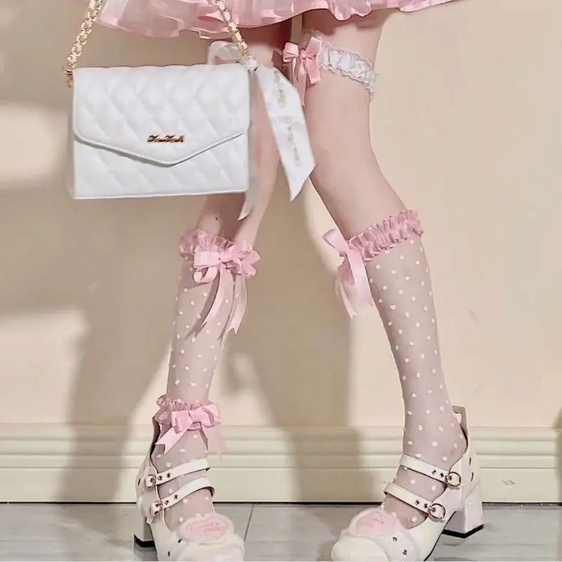 Kawaii Lolita Lace Black and White Fishnet Socks Female Japanese Pink Bow Personality Dot Print Knee-length Socks Cute Sexy 2022
