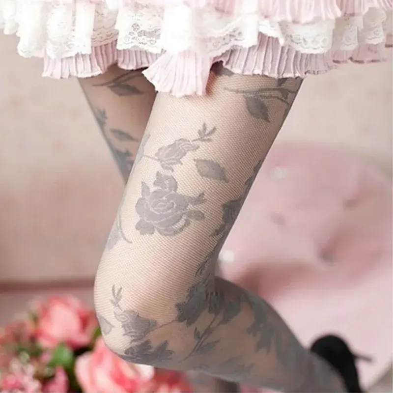 Sexy Rose Tights Women Collant Femme Thin Sheer Pantyhose Hollow Out Tattoo Tights Collant Femme Medias Fantaisie Hosiery