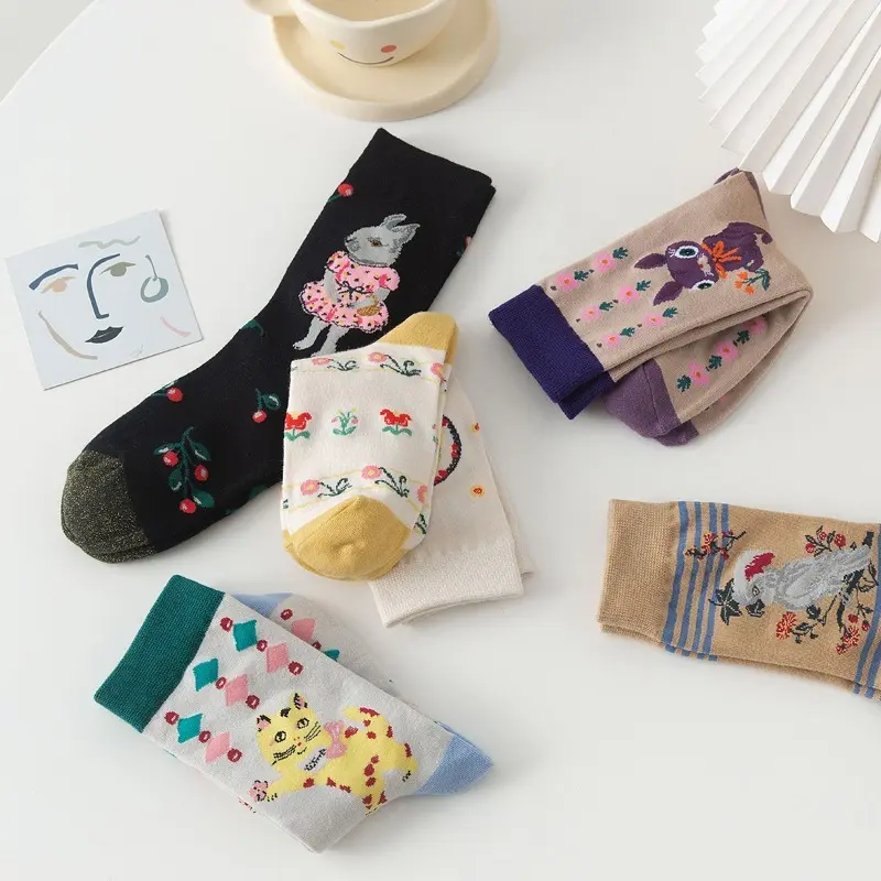 Korean Autumn and Winter New Animal Series Socks Women's Mid Tube Stockings Puppy Rabbit Cat AB Cute Female Socks Unisex