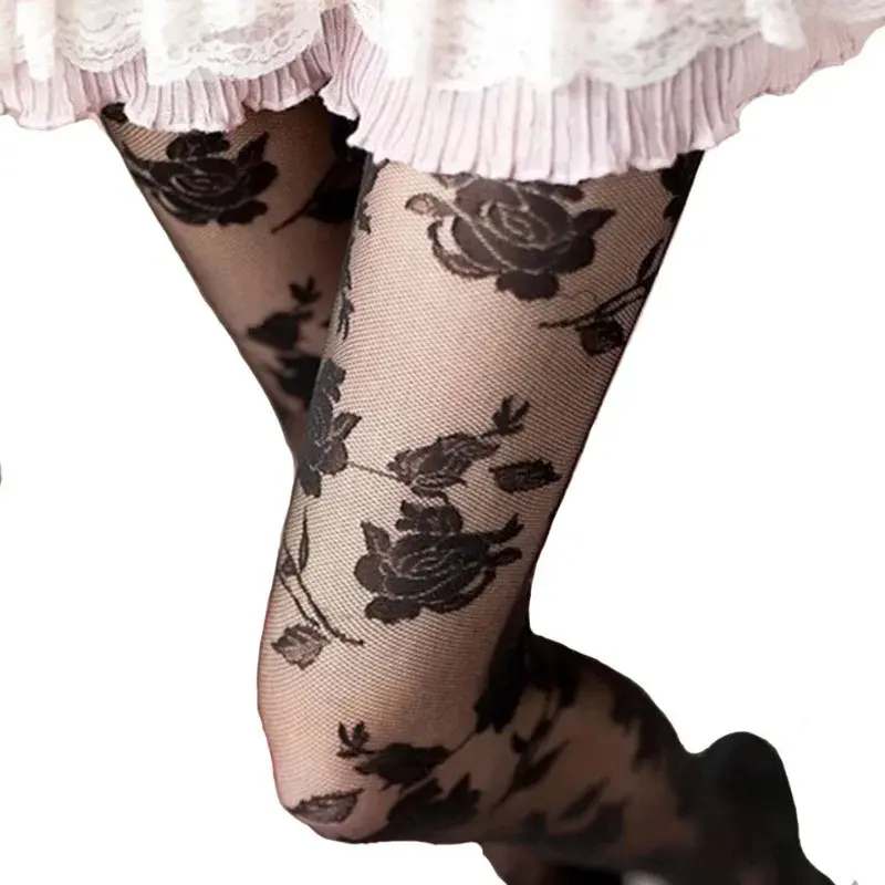 Sexy Rose Tights Women Collant Femme Thin Sheer Pantyhose Hollow Out Tattoo Tights Collant Femme Medias Fantaisie Hosiery