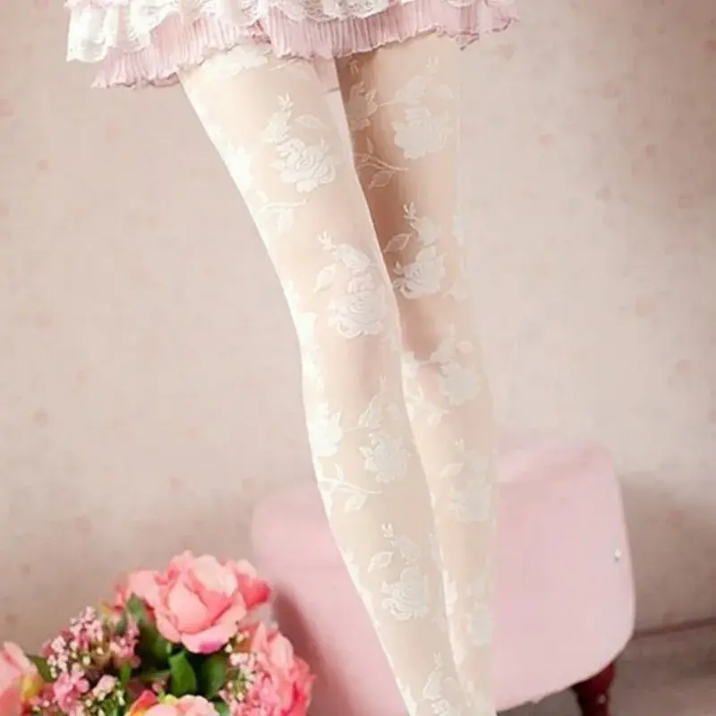 Sexy Rose Tights Women Collant Femme Thin Sheer Pantyhose Hollow Out Tattoo Tights Collant Femme Medias Fantaisie Hosiery