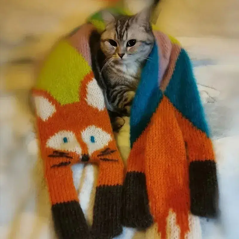 New Autumn Winter Children's Cartoon Fox Knitted Scarf Baby Boys Girls Warm Women Shawl Kids Female Knitted Animal Women Scarf