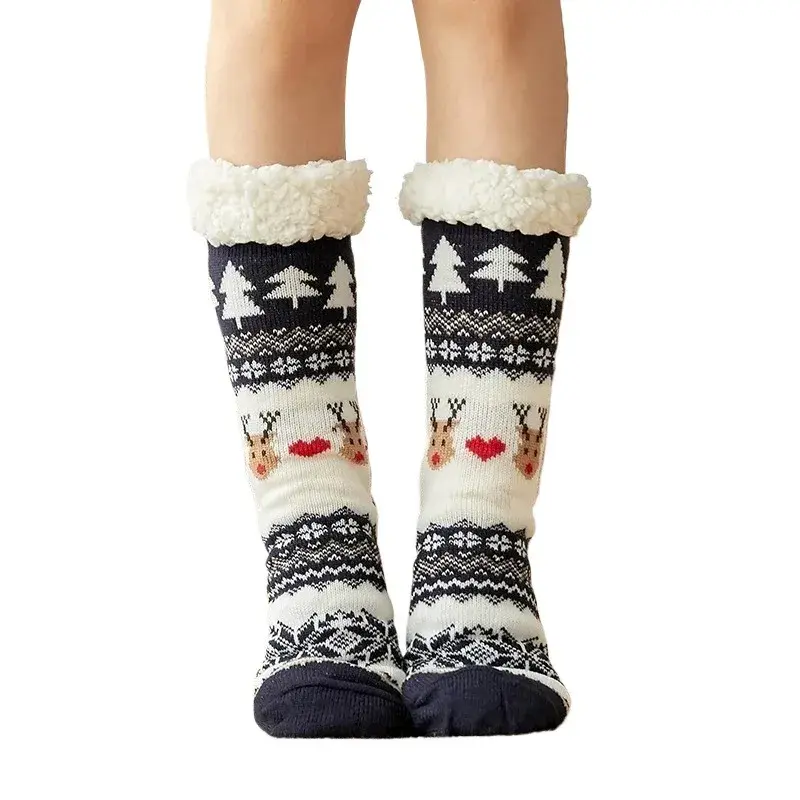 Winter Warm Socks Women Penguin Plush Soft Female Non Grip Floor Slippers Short Sock Fuzzy Fluffy Deer Elk Bear Christmas Gift