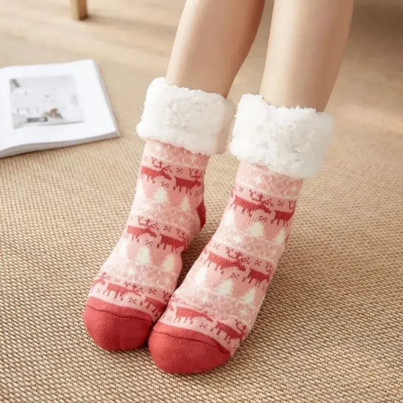 Winter Warm Socks Women Penguin Plush Soft Female Non Grip Floor Slippers Short Sock Fuzzy Fluffy Deer Elk Bear Christmas Gift