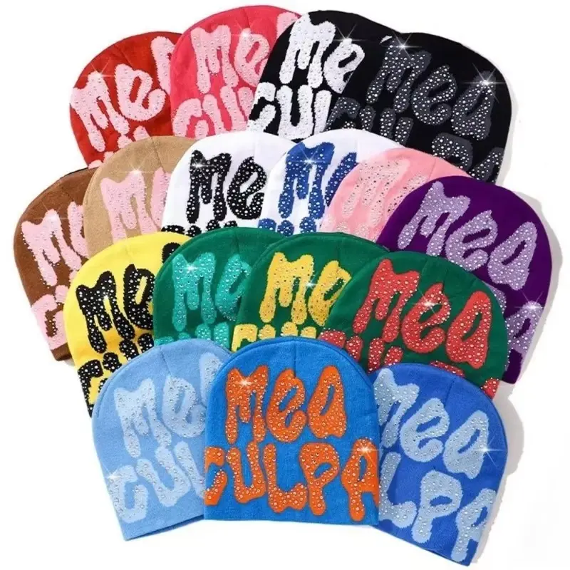 NEW Y2K MEA Culpa Beanies Hat with Rhinestone for Women Men Beanies Hats Hip-hop Soft Stretch Warm Knitted Slouchy Cap
