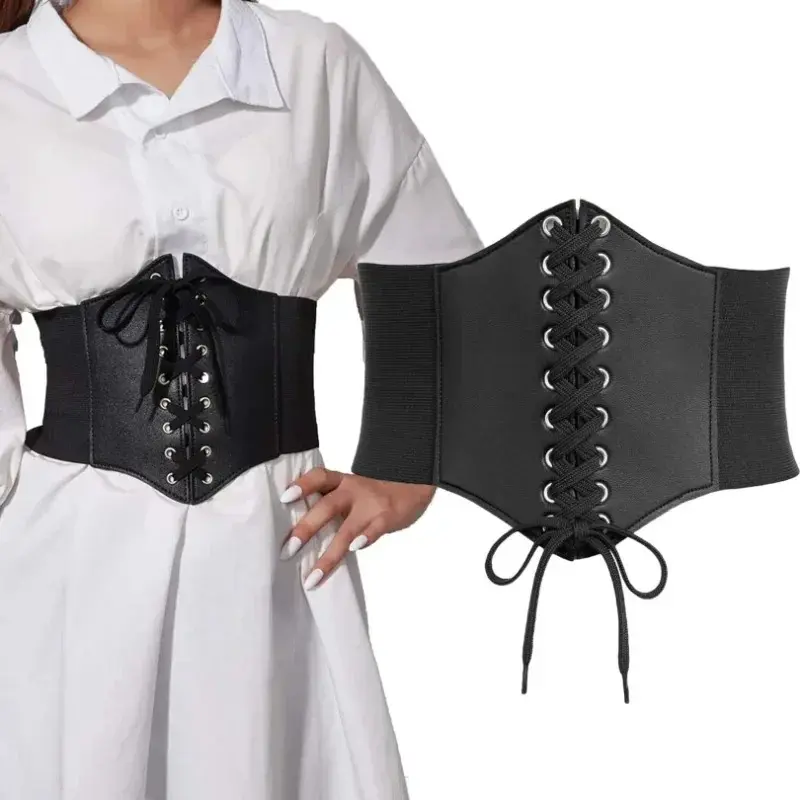 Women's Corset Belt Gothic Fashion PU Flower Embroidery Cummerbunds Female Slimming Waist Band Vintage Black Wide Belt for Girl