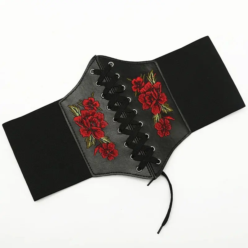 Women's Corset Belt Gothic Fashion PU Flower Embroidery Cummerbunds Female Slimming Waist Band Vintage Black Wide Belt for Girl