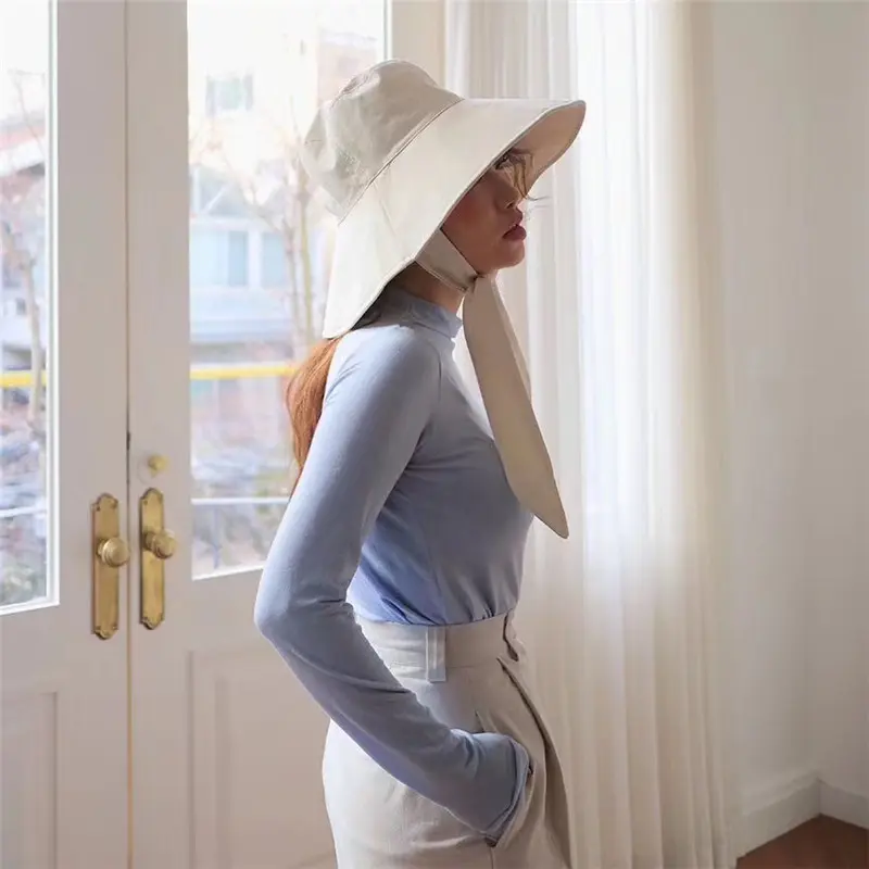 Summer Spring Japan Tie Bucket Hat Women Korean Big Brim Fisherman Hat Foldable  Sunscreen Chic Cotton Linen Beach Sun Hat
