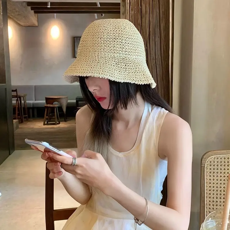 Beach Korean Straw Hat Summer Women Visor Bucket Hat Fisherman Hat Hand Weaving Panama Girl Fishing Chapeau Sun Hats Tool