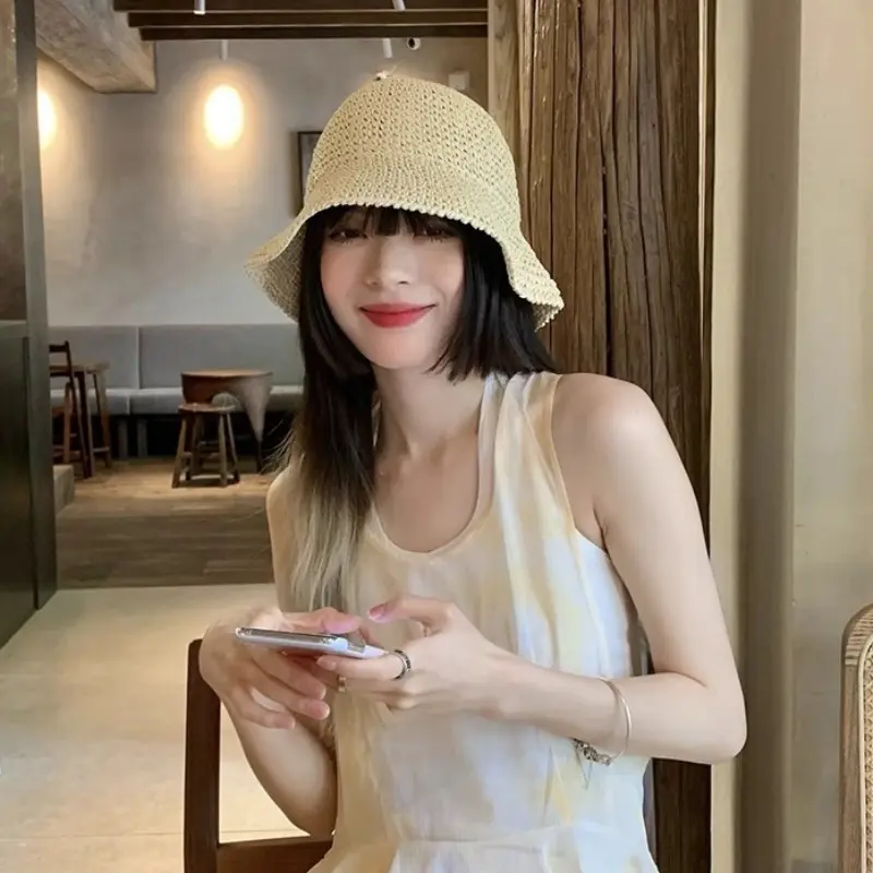 Beach Korean Straw Hat Summer Women Visor Bucket Hat Fisherman Hat Hand Weaving Panama Girl Fishing Chapeau Sun Hats Tool
