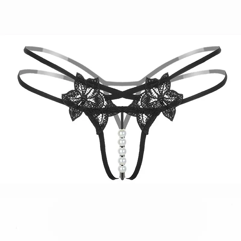 Transparent G-String Lace Pearl Thongs Low Waist Sexy Crotchless Woman's Massage Thread Panties Sex Erotic Accessories Underwear
