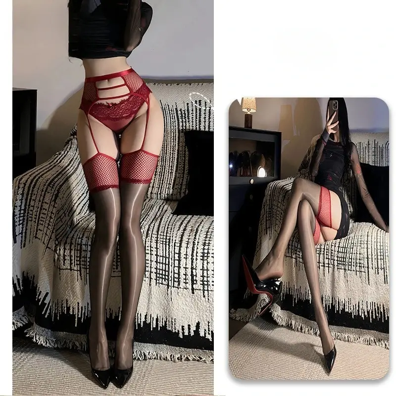 Sexy Grid Waist Corset Suspender Women's Stockings with Belt Saddle Oil Red Purple Black Medias Thigh High Socks Open Crotch