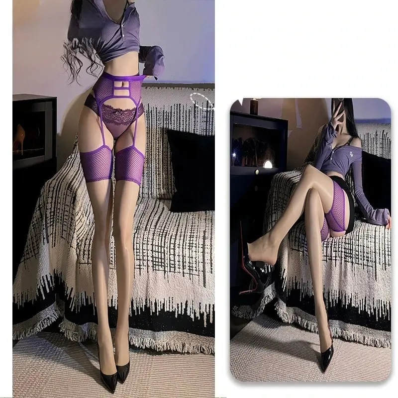 Sexy Grid Waist Corset Suspender Women's Stockings with Belt Saddle Oil Red Purple Black Medias Thigh High Socks Open Crotch