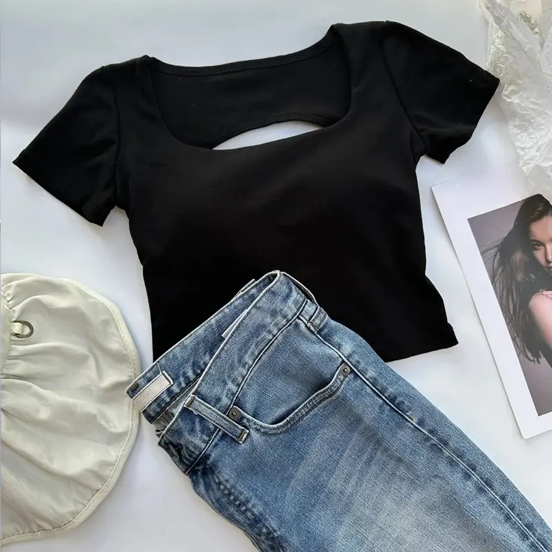 T-shirt Woman Clothing Square Neckline Tops Short Sleeve Crop Top with Bras for Women Girls Sexy Street Wear Backless Top Tees