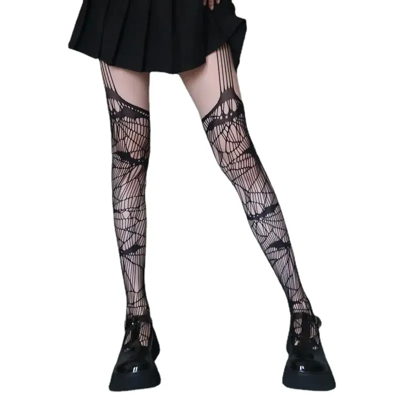 Gothic Bat Long Sexy Fishnet Stockings Women Harajuku Emo Alternative Mesh Bat Tights Lingerie Skin Thigh High Garters Hosiery
