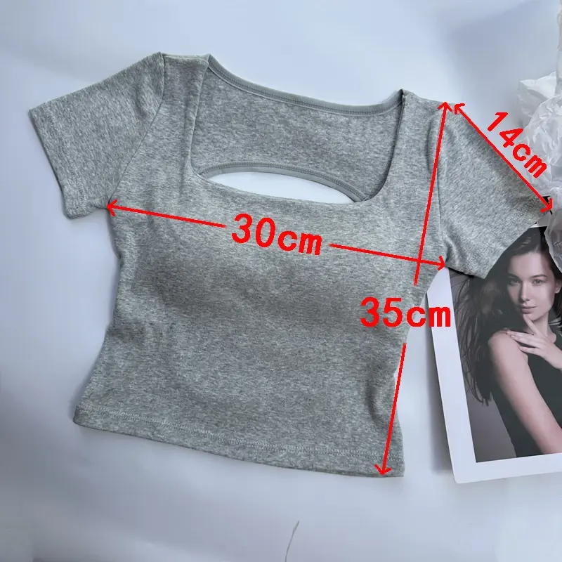 T-shirt Woman Clothing Square Neckline Tops Short Sleeve Crop Top with Bras for Women Girls Sexy Street Wear Backless Top Tees