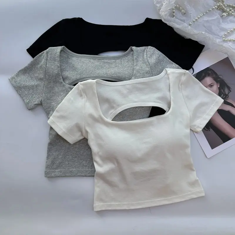 T-shirt Woman Clothing Square Neckline Tops Short Sleeve Crop Top with Bras for Women Girls Sexy Street Wear Backless Top Tees