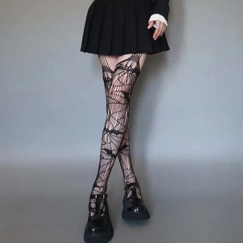 Gothic Bat Long Sexy Fishnet Stockings Women Harajuku Emo Alternative Mesh Bat Tights Lingerie Skin Thigh High Garters Hosiery