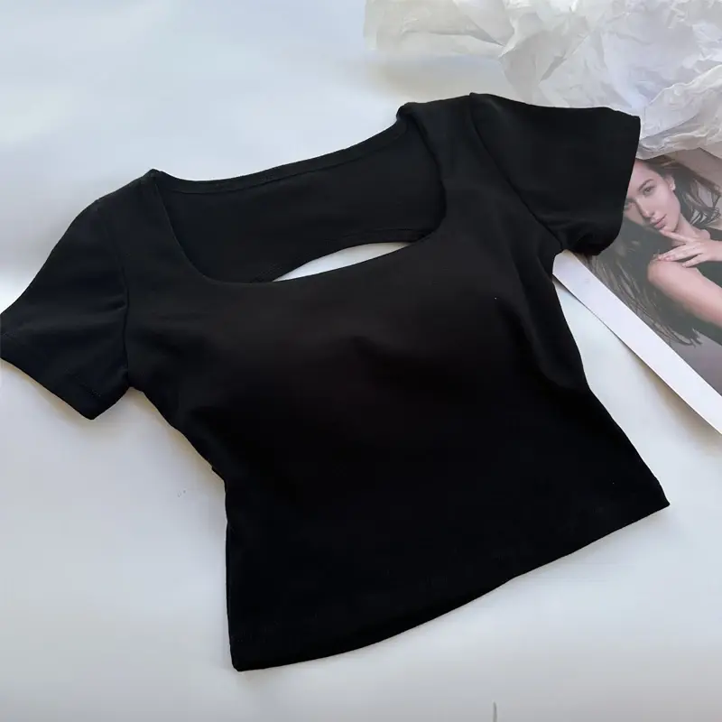 T-shirt Woman Clothing Square Neckline Tops Short Sleeve Crop Top with Bras for Women Girls Sexy Street Wear Backless Top Tees