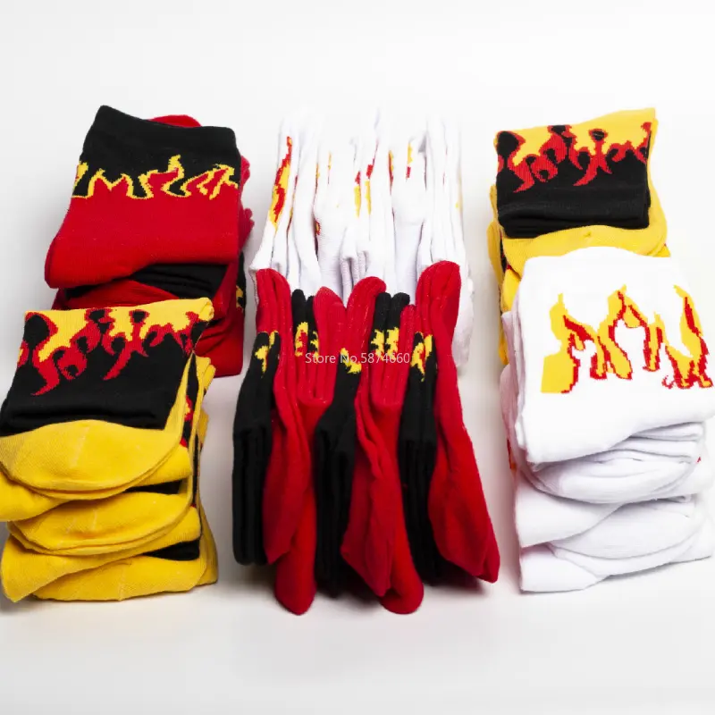 1 Pairs Men Fashion Hip Hop Hit Color on Fire Crew Socks Red Flame Blaze Power Torch Hot Warmth Street Skateboard Cotton Socks