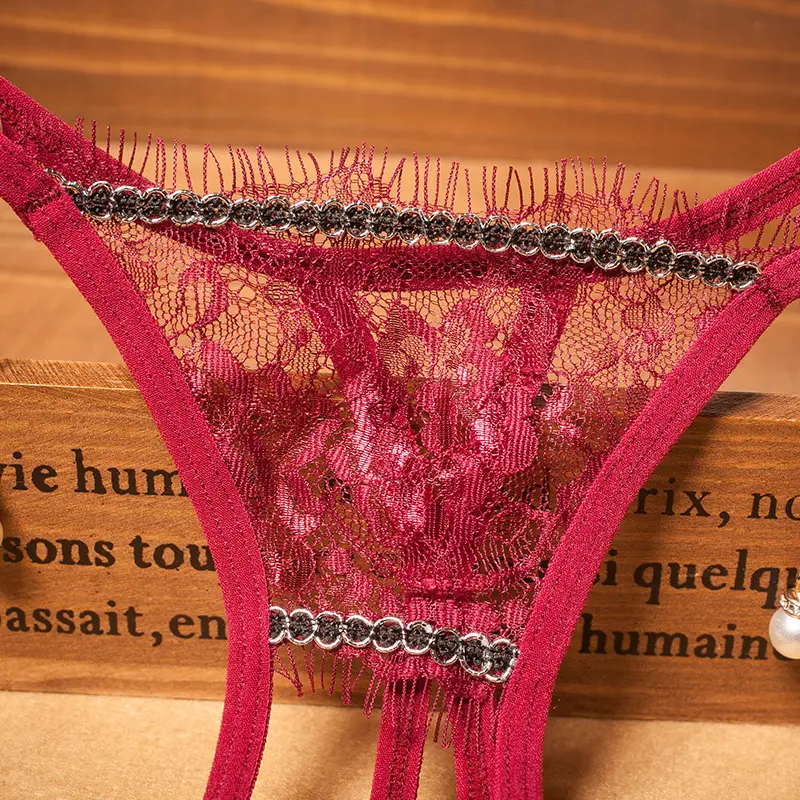 Women's Erotic Transparent Panties Ladies Sexy Hollow Out Underwear Female Pearl Lingerie Ultra-Thin G-String Floral Lace Thongs