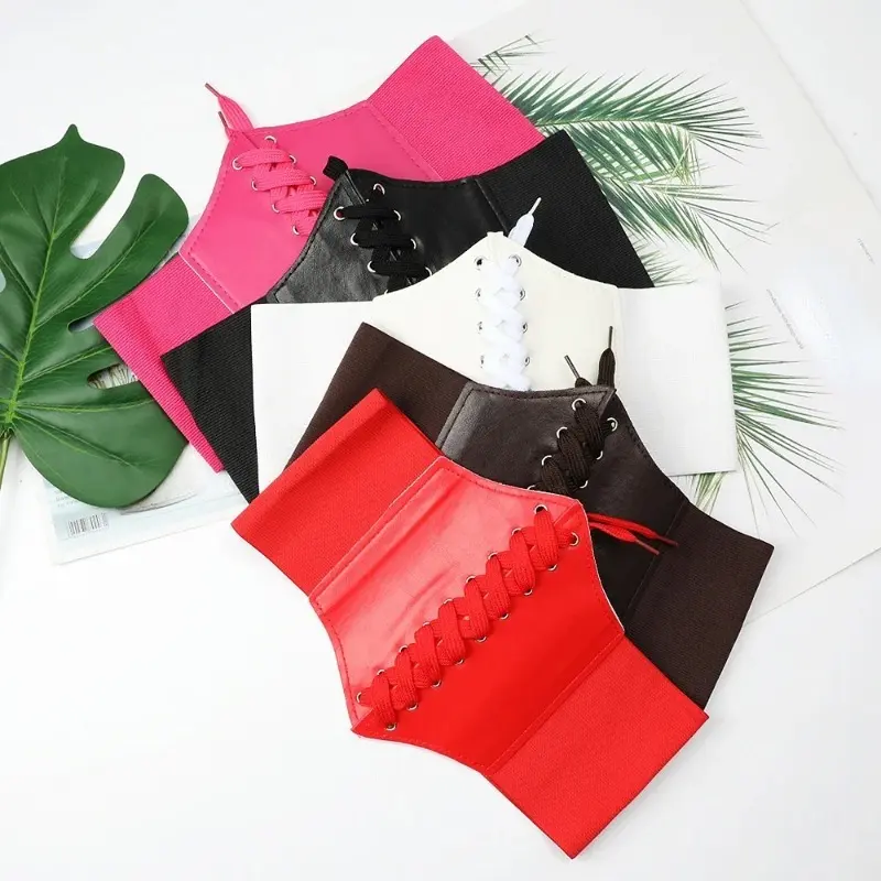 Women's Corset Belt Gothic Fashion PU Leather Female Lace-up Corset Belts Slimming Waist Vintage Corset Black Wide Belt for Girl