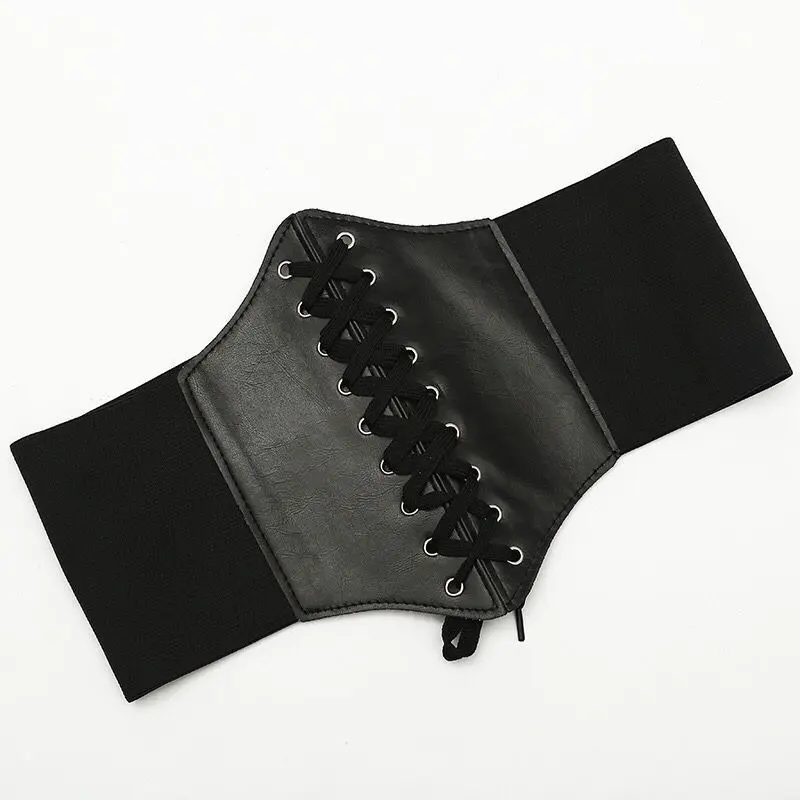 Women's Corset Belt Gothic Fashion PU Leather Female Lace-up Corset Belts Slimming Waist Vintage Corset Black Wide Belt for Girl