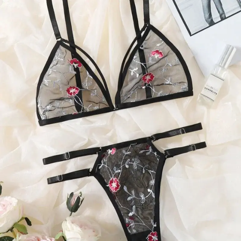 Underwear Sexy Suit Transparent Bra Female 2 Pieces Floral Embroidery Underwear Suit Lace Without Steel Support Bra