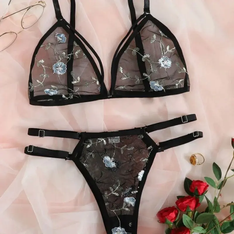 Underwear Sexy Suit Transparent Bra Female 2 Pieces Floral Embroidery Underwear Suit Lace Without Steel Support Bra