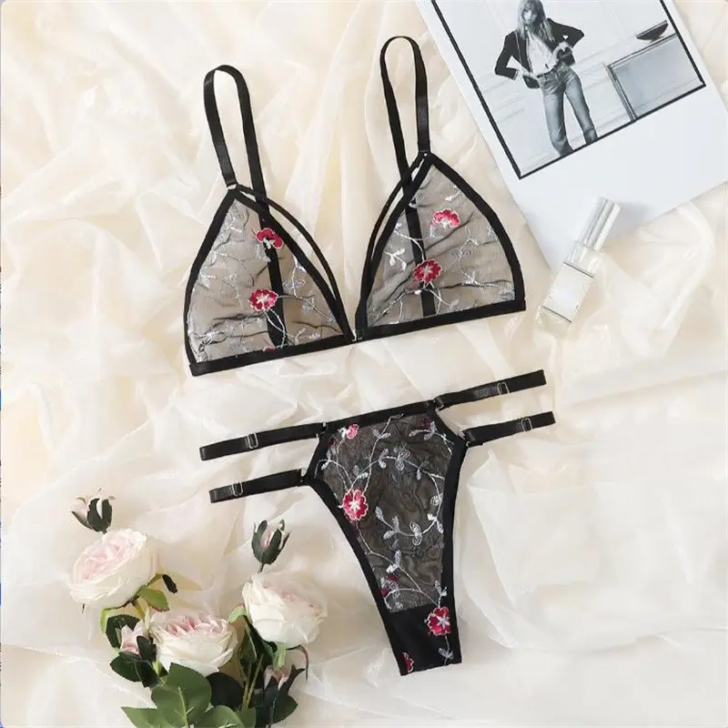 Underwear Sexy Suit Transparent Bra Female 2 Pieces Floral Embroidery Underwear Suit Lace Without Steel Support Bra