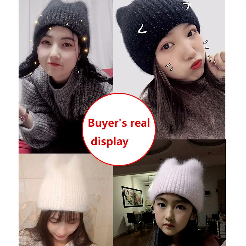 2020 Simple Girl Angora Rabbit fur ear Beanie Hat for Women Winter Skullies Warm wool Panama fashion Gorros Female Bomber Cap