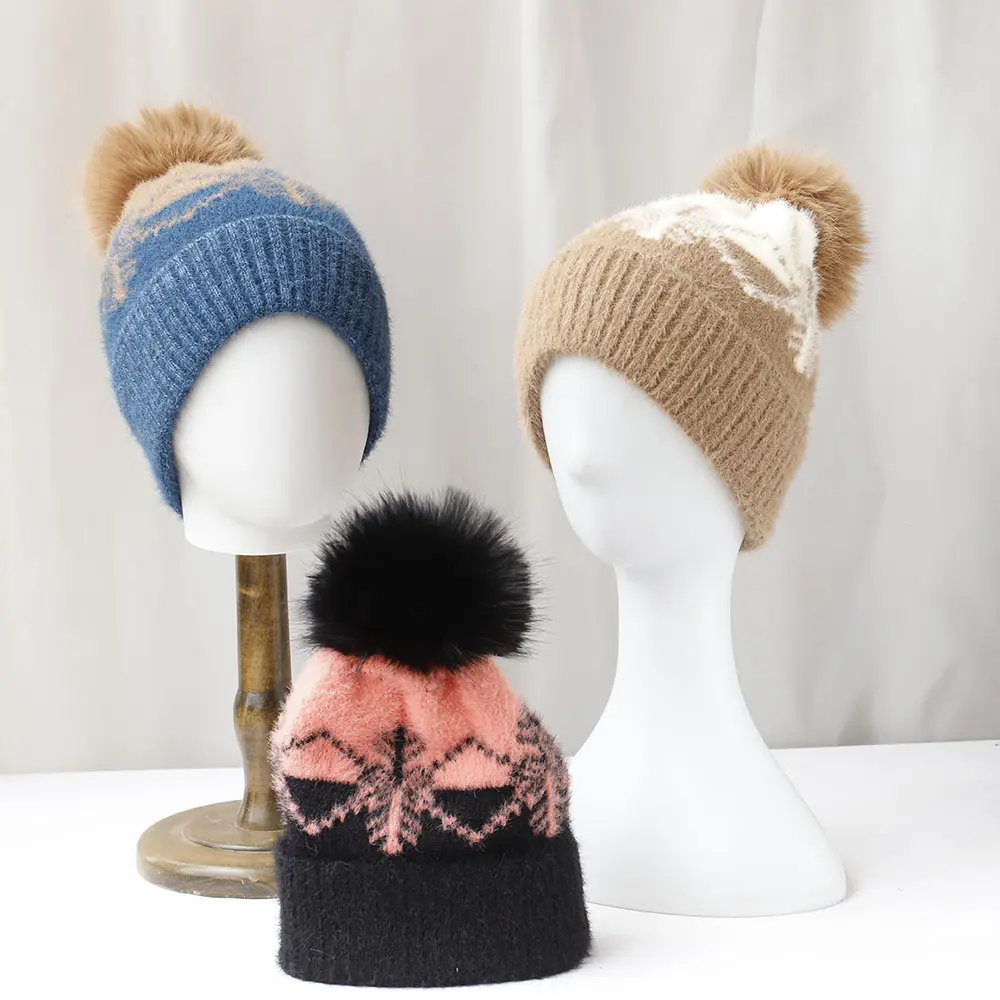 New Winter Twist Knitting Hat For Women Fur Pompom Thick Plush Cap Beanie Solid Color Ladies Warm Ski Snow Skullies Beanies