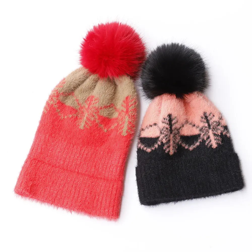 New Winter Twist Knitting Hat For Women Fur Pompom Thick Plush Cap Beanie Solid Color Ladies Warm Ski Snow Skullies Beanies
