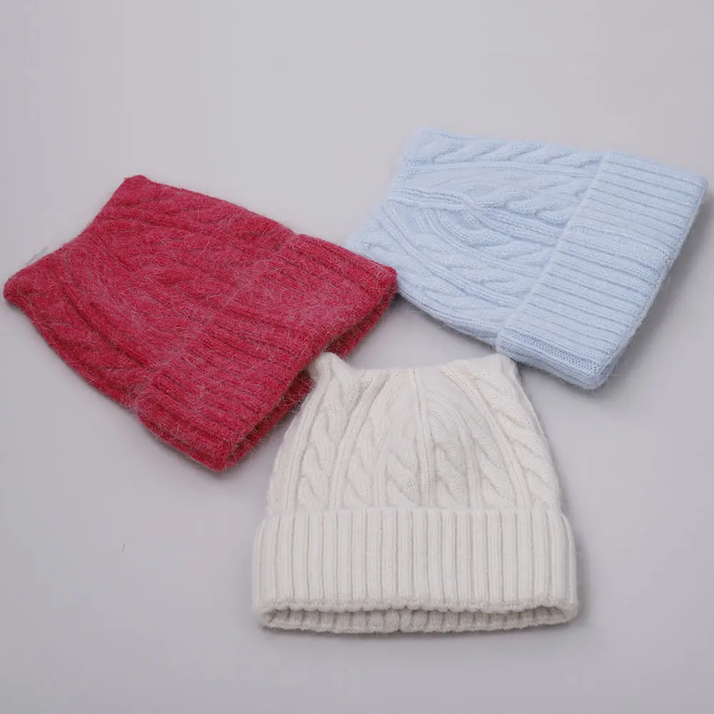 Rabbit fur cat ears Woven fried dough twist shape with lurex woman winter hat solid color autumn beanies Warm bonnet skullies