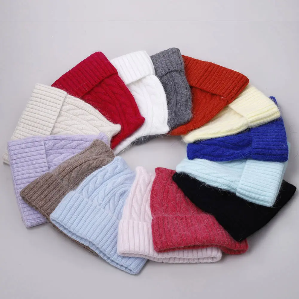 Rabbit fur cat ears Woven fried dough twist shape with lurex woman winter hat solid color autumn beanies Warm bonnet skullies
