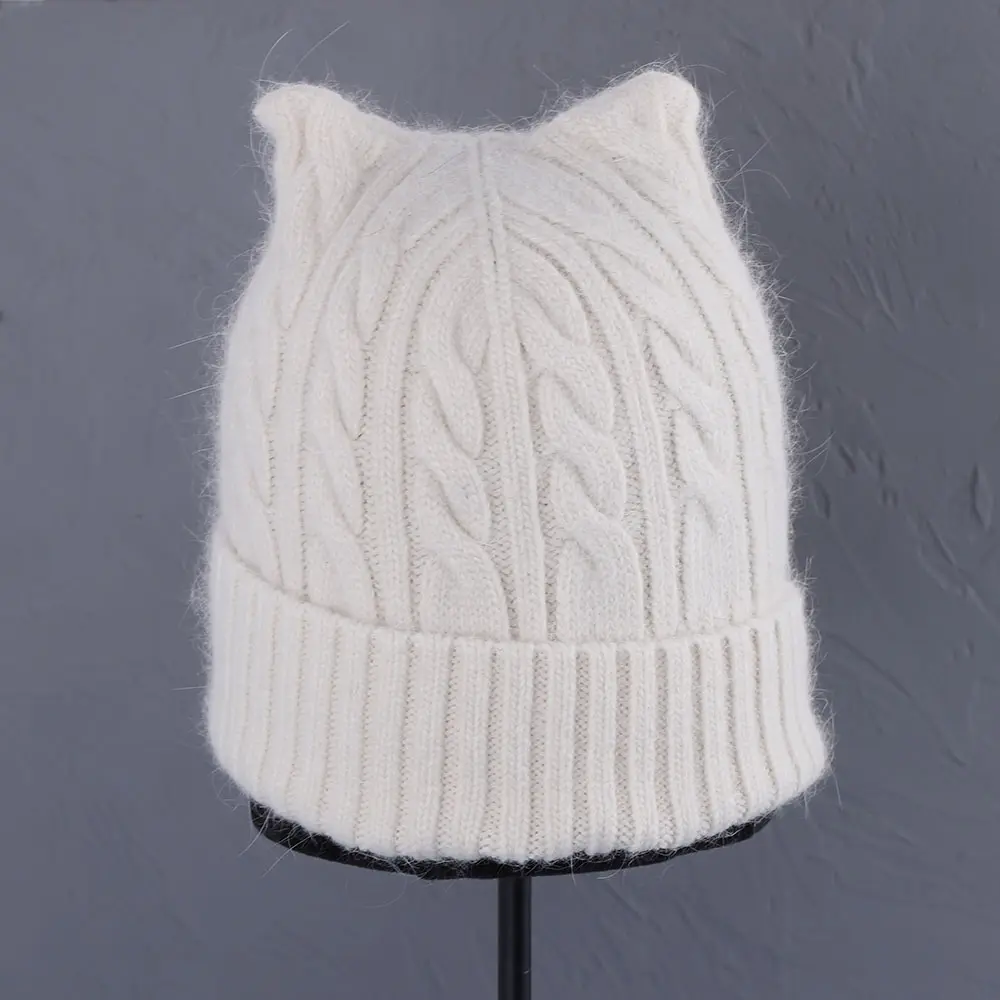 Rabbit fur cat ears Woven fried dough twist shape with lurex woman winter hat solid color autumn beanies Warm bonnet skullies