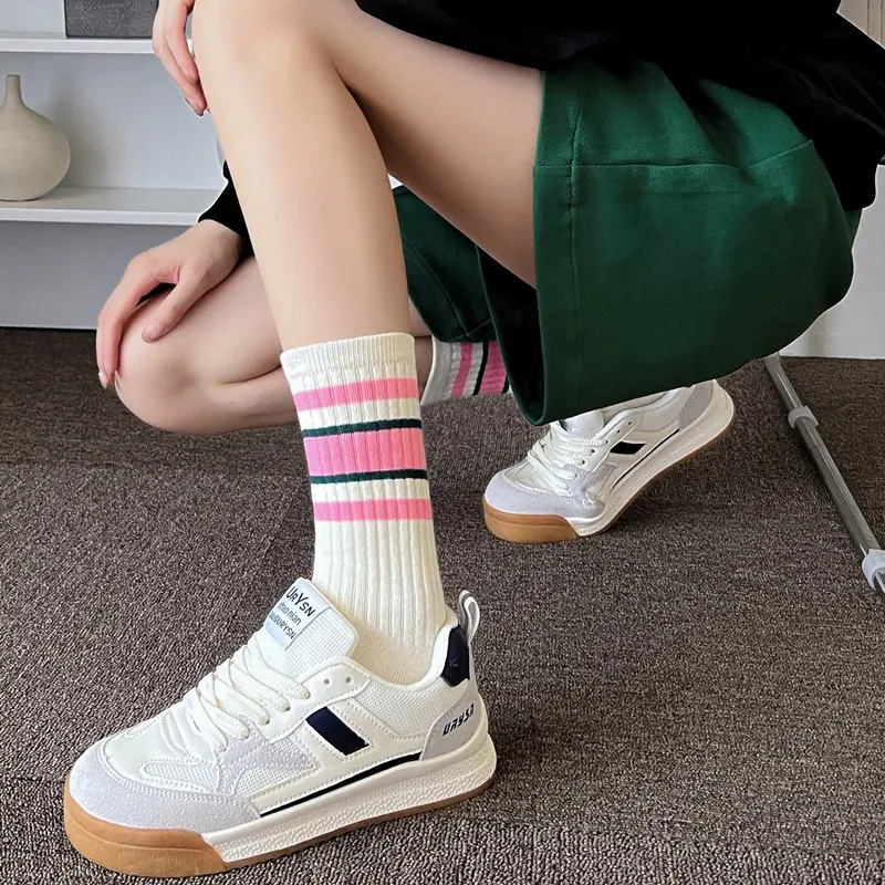5Pairs/Set White Striped Socks Women Korean INS Middle Tube Sock Female Spring Autumn Soft Cotton Sport Socks