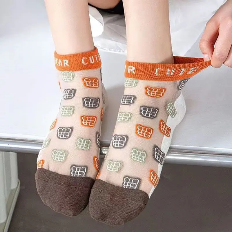 5Pairs/Set Korean Flower Socks Women Summer Ultra-thin Crystal Silk Sock Female Breathable Transparent Mesh Floral Socks