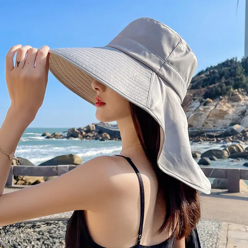 Summer Women Sunshade Hats Large Brim Solid Color UV Protection Shawl Hats Outdoor Neck Protection Panama Sun Hats