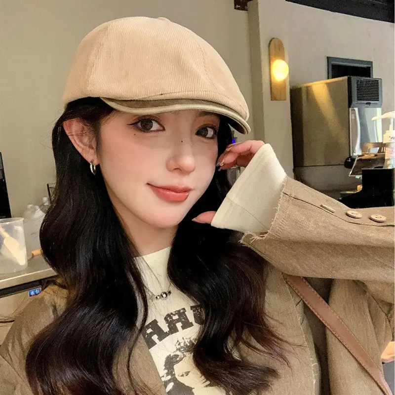 Retro Streetwear Beret Hats for Women Man Autumn Winter Corduroy Fleece Solid Color Forward Hats Fashion Adjustable Painter Caps