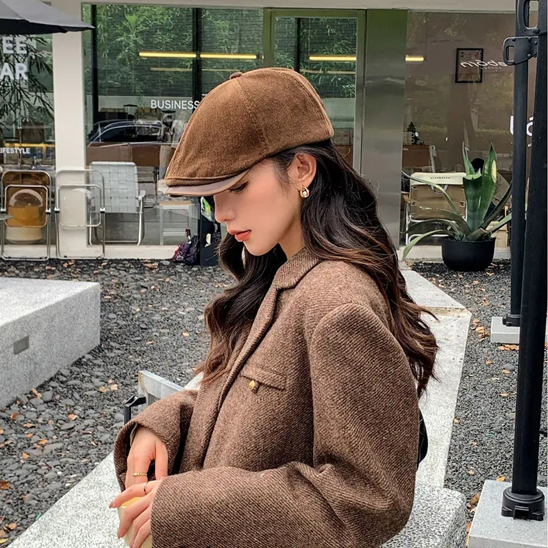 Retro Streetwear Beret Hats for Women Man Autumn Winter Corduroy Fleece Solid Color Forward Hats Fashion Adjustable Painter Caps