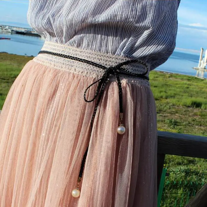 Pearl Hemp Rope Braid Belt Elegant Women Belt Solid Color Female Belts For Dress Skirt Waistband