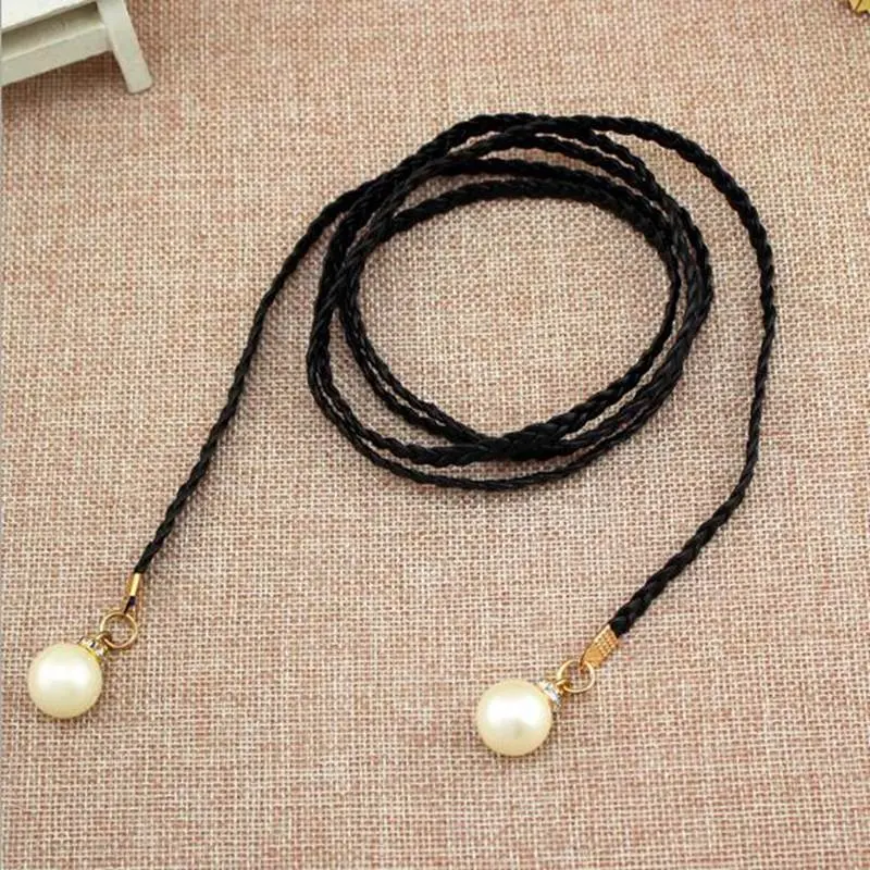 Pearl Hemp Rope Braid Belt Elegant Women Belt Solid Color Female Belts For Dress Skirt Waistband