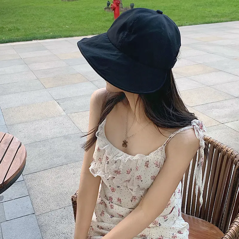 New Solid Color Soft Cotton Women Bucket Hat Spring Summer Adjustable Outdoor Beach Sun Hats Foldable Panama Caps Ponytail Cap