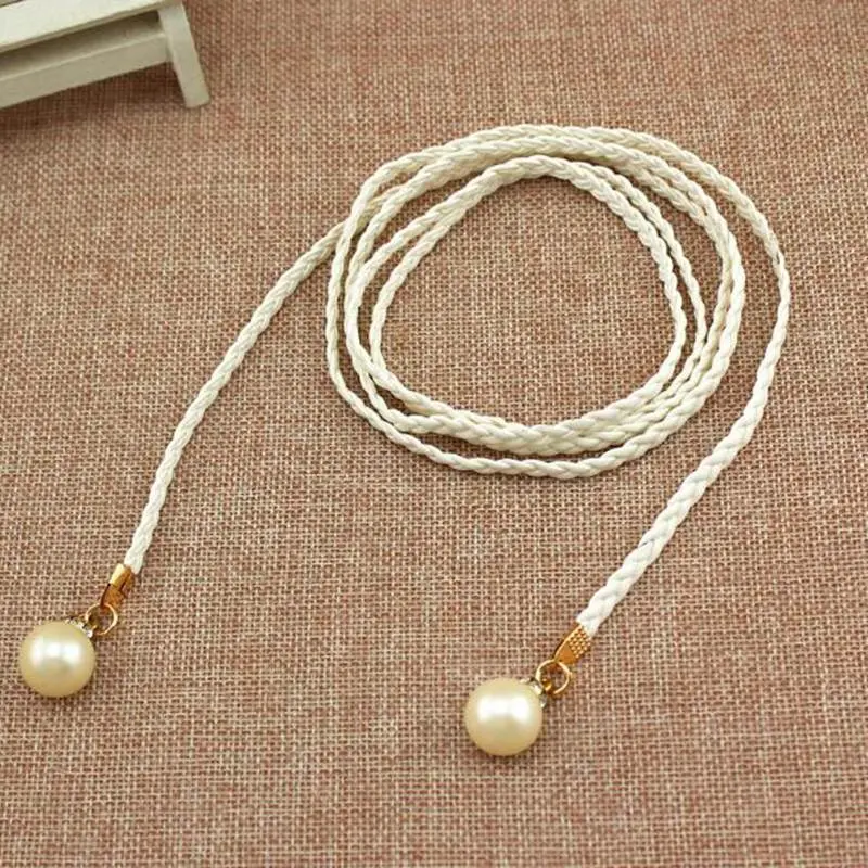 Pearl Hemp Rope Braid Belt Elegant Women Belt Solid Color Female Belts For Dress Skirt Waistband