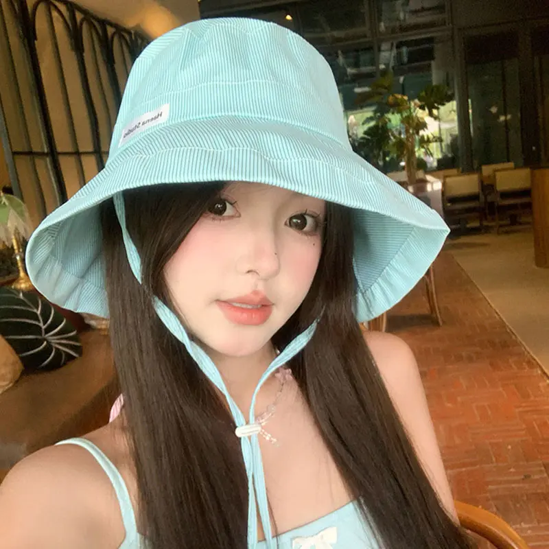 Korean Stripe Fisherman Caps for Women new Spring Summer Wide Brim Sunscreen Bucket Hats Candy Color Girl Panama Sun Hats