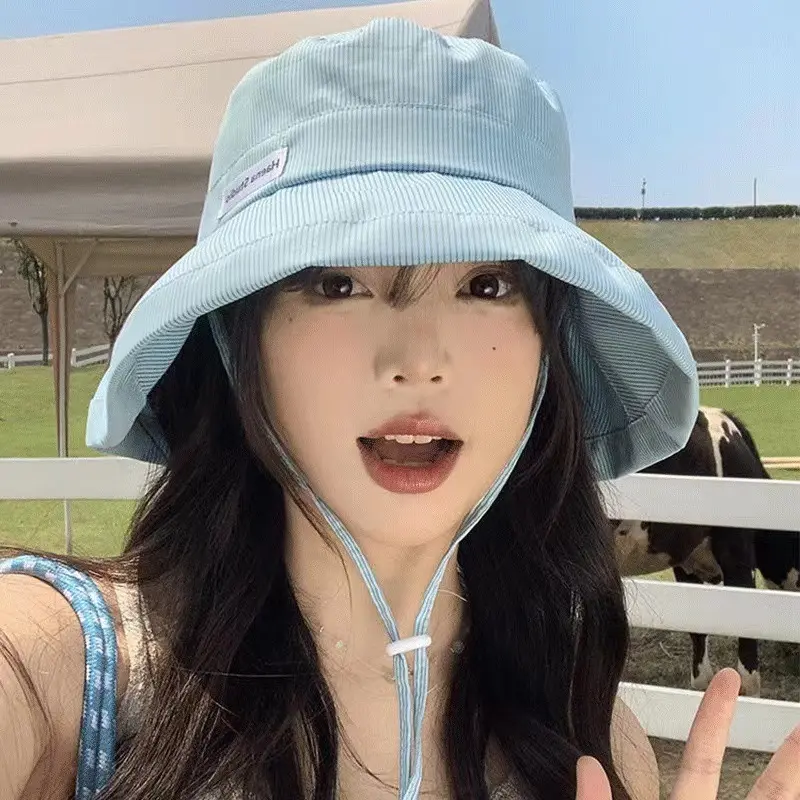 Korean Stripe Fisherman Caps for Women new Spring Summer Wide Brim Sunscreen Bucket Hats Candy Color Girl Panama Sun Hats